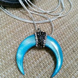 Light Blue Shell Crescent Sterling Silver & Pave Necklace